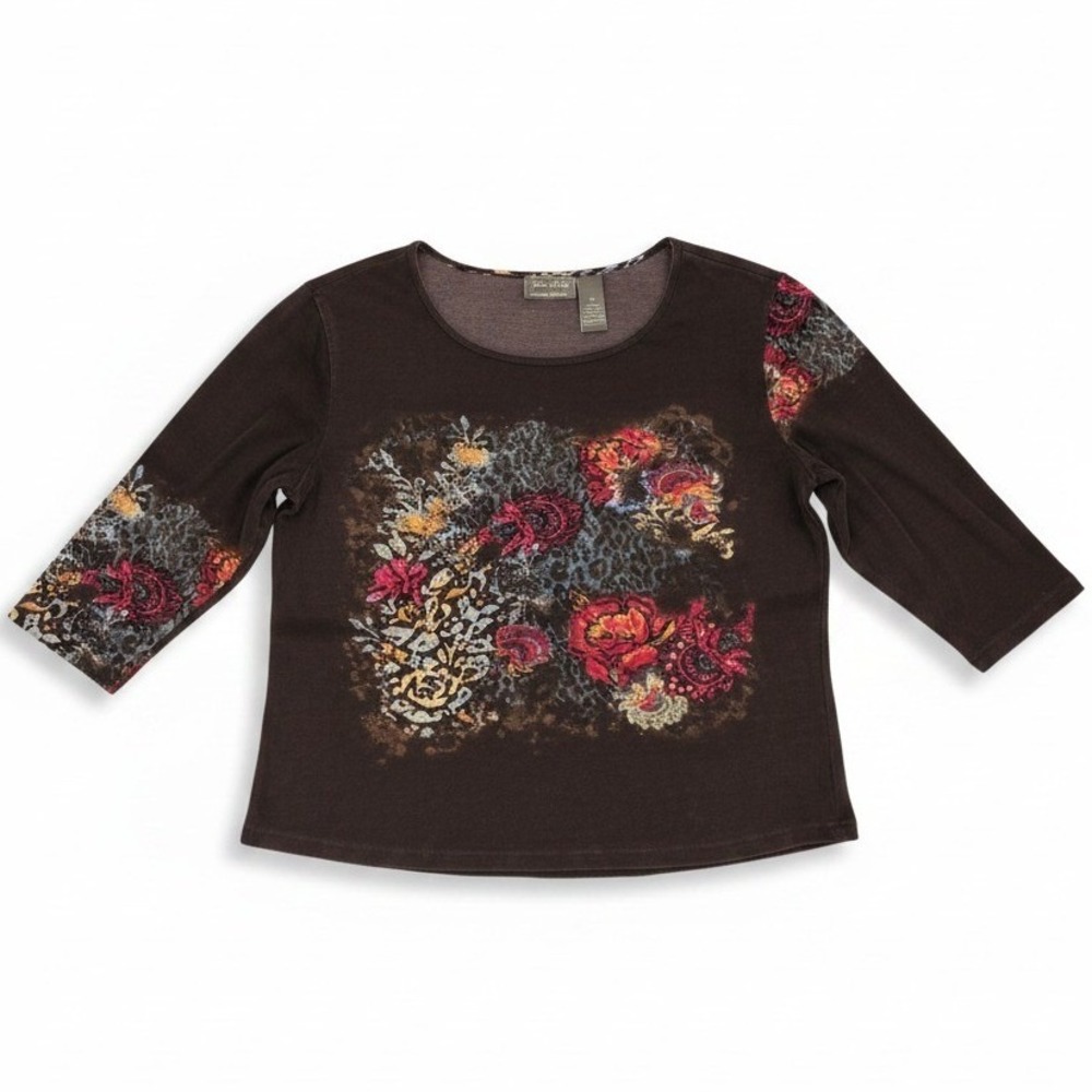 Jane Ashley Brown Floral Leopard Print Rhinestone 3/4 Sleeve Top, Women's Large